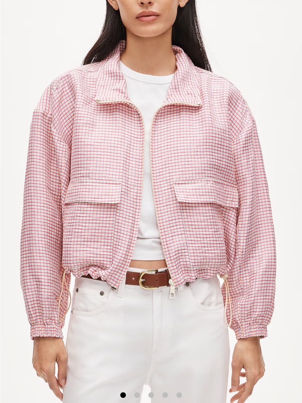 J. Crew Pink Gingham Cropped Bomber Jacket